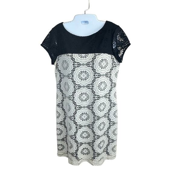 London Times Soft Floral Lace Black Ivory Sheath Dress Women’s Petite 10 - Picture 1 of 10